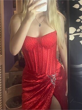 Strapless Red Sequin Corset Prom Dress with Side Slit